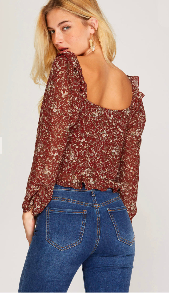 Mindful Actions Print Ruffled Top- Burgundy