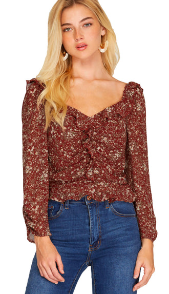 Mindful Actions Print Ruffled Top- Burgundy