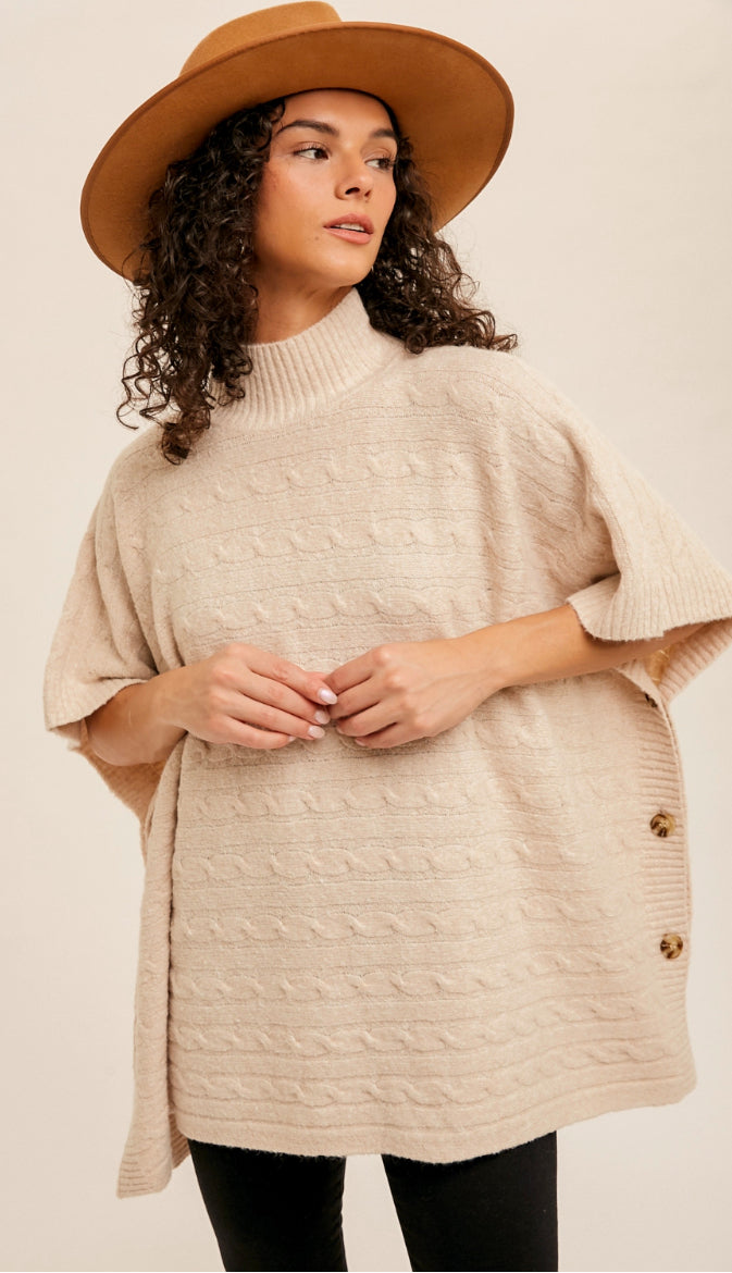 Of The Essence Cable Knit Poncho- Sand