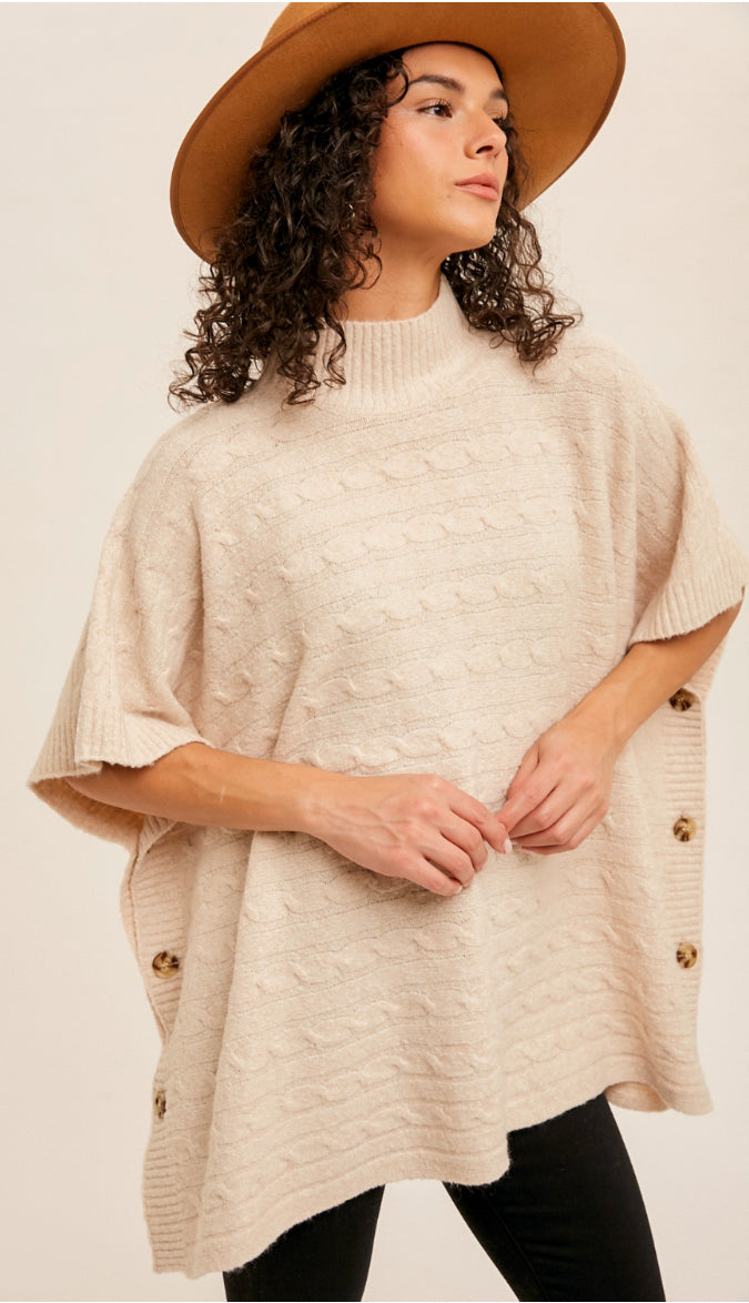 Of The Essence Cable Knit Poncho- Sand