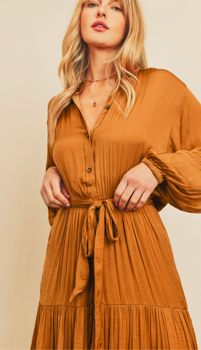 All Occasions Tiered Midi Dress- Camel