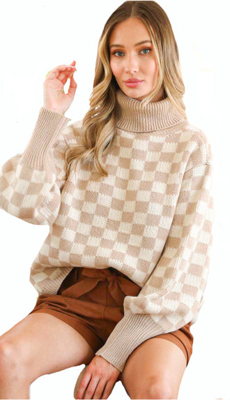 Gingham On Check Sweater- Taupe