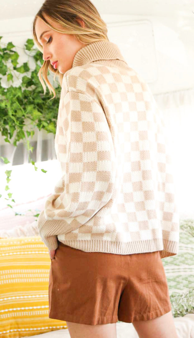 Gingham On Check Sweater- Taupe