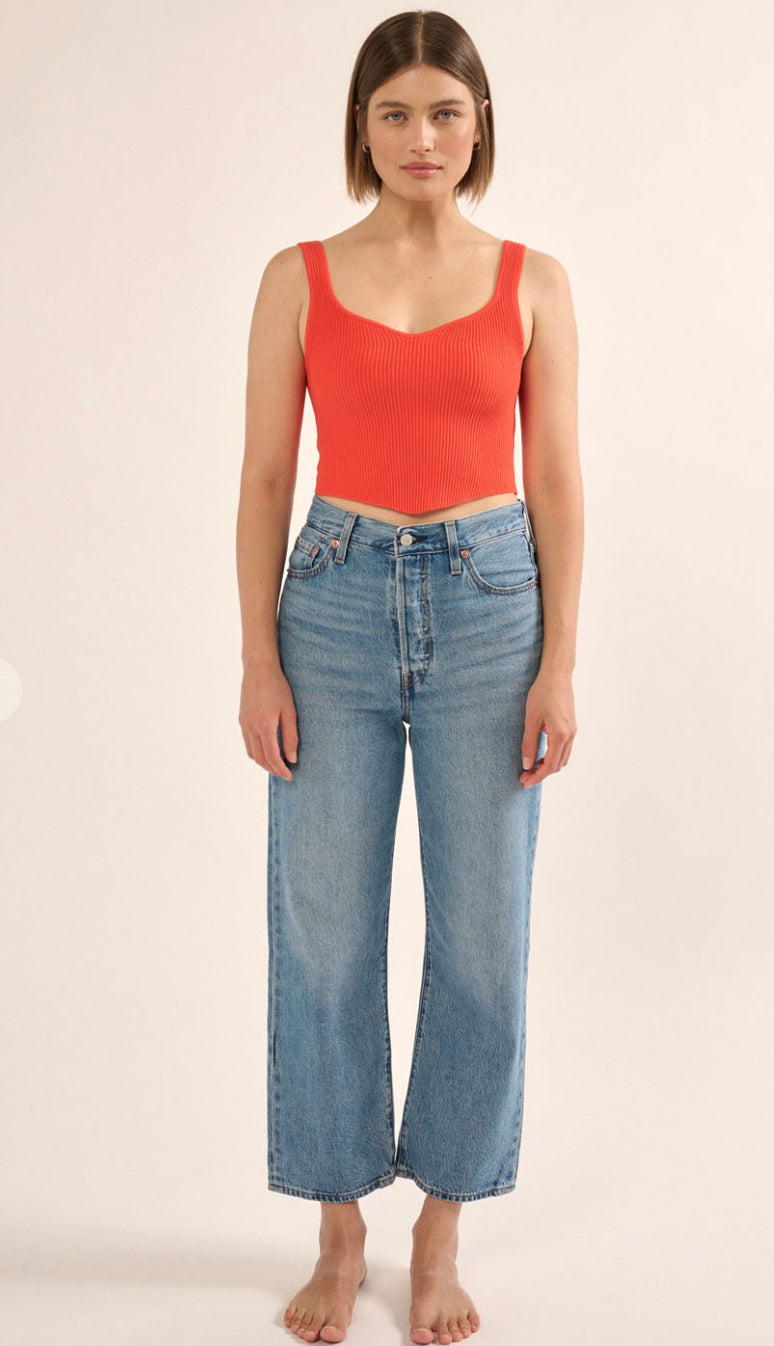 Look On The Bright Side Ribbed Crop Tank- Cherry Tomato