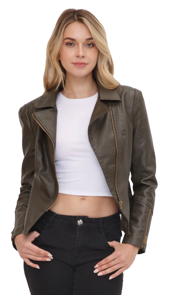 City Streets Gold Zipper Leather Jacket- Olive