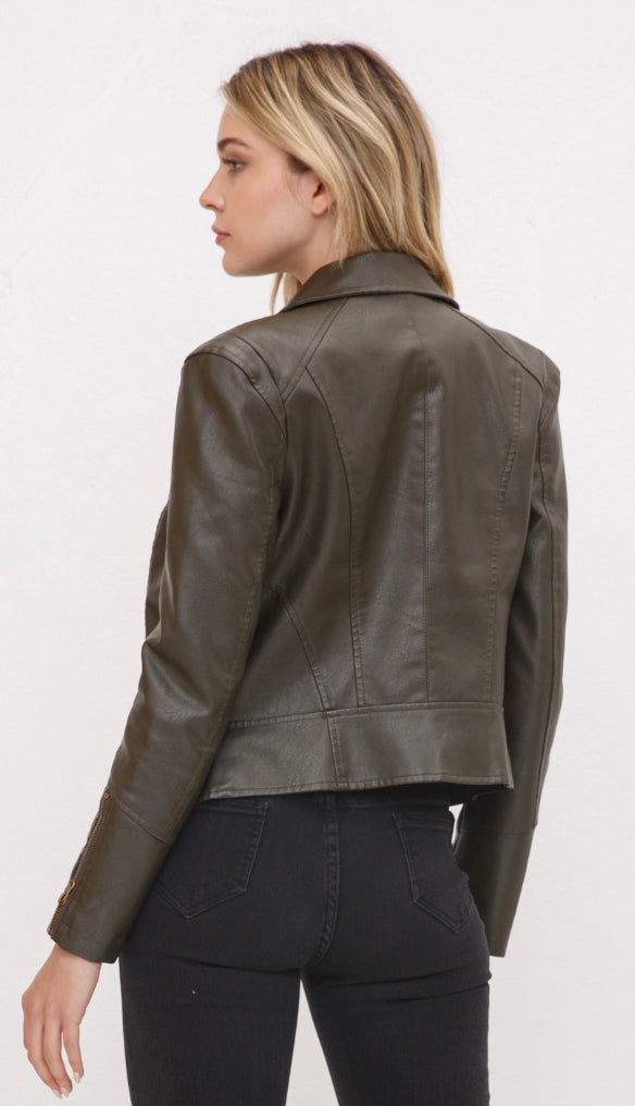 City Streets Gold Zipper Leather Jacket- Olive