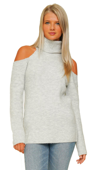 Mountain Campfire Cold Shoulder Sweater- Heather Grey