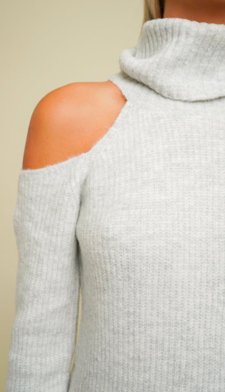 Mountain Campfire Cold Shoulder Sweater- Heather Grey