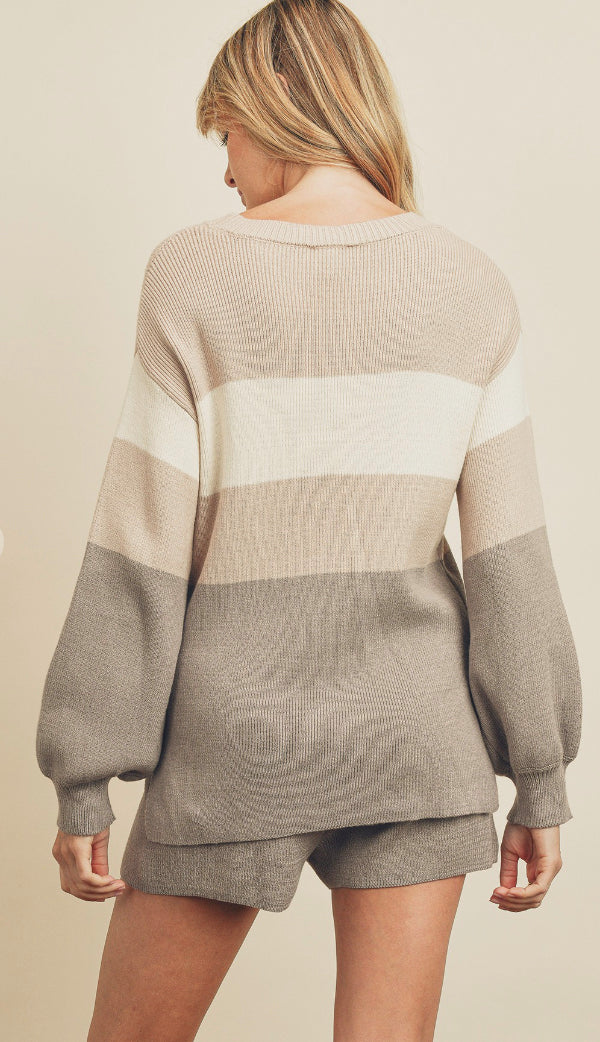 Mari Bubble Sleeves Color Block Sweater- Grey/Taupe