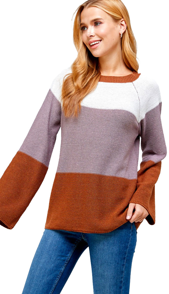 Say It So Color Block Sweater- Brown