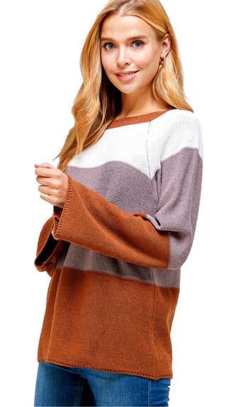 Say It So Color Block Sweater- Brown