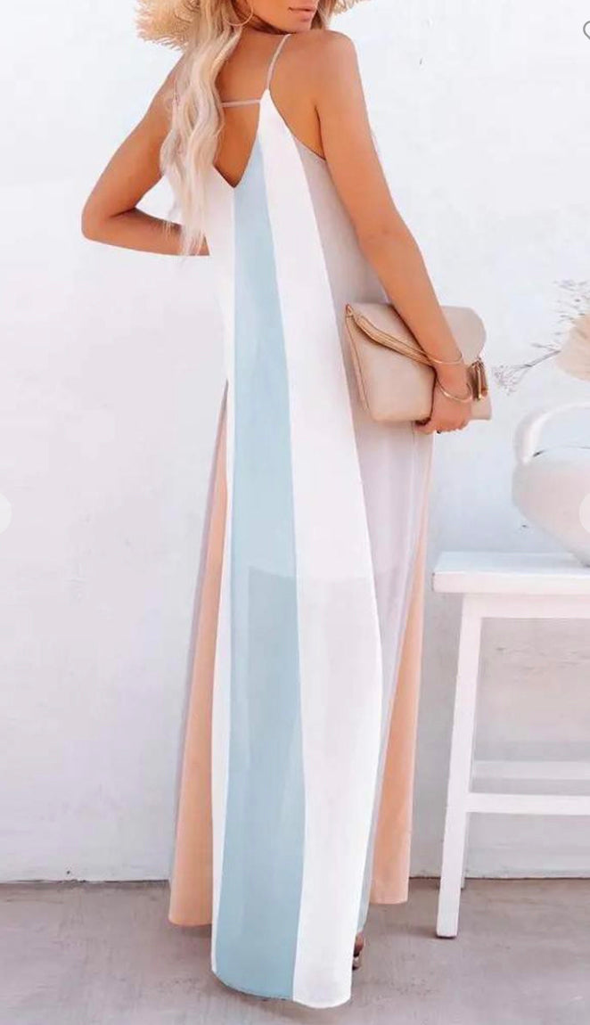 Sandy Sunset Colorblock Stripe Maxi Dress- Blue/Peach