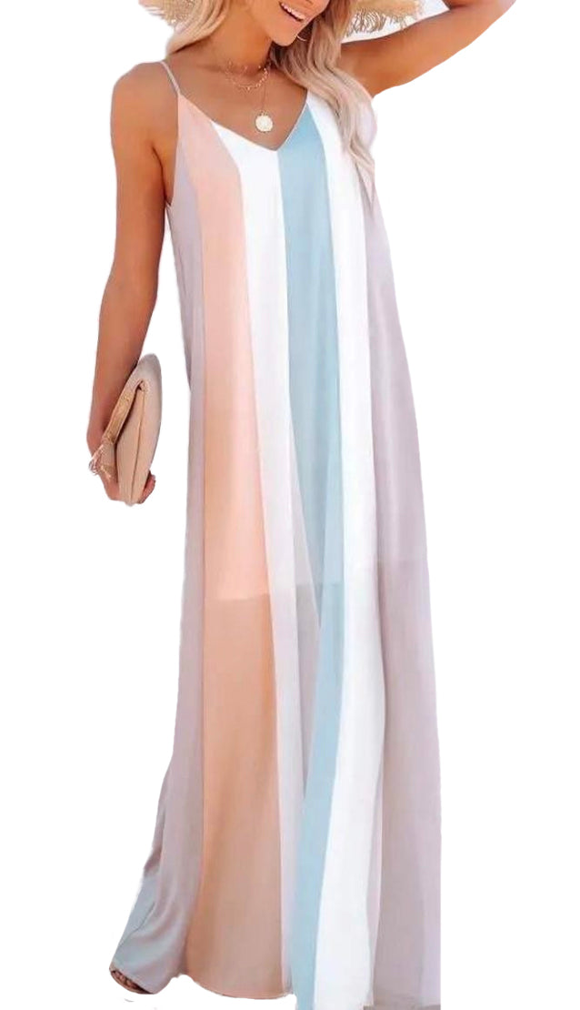 Sandy Sunset Colorblock Stripe Maxi Dress- Blue/Peach
