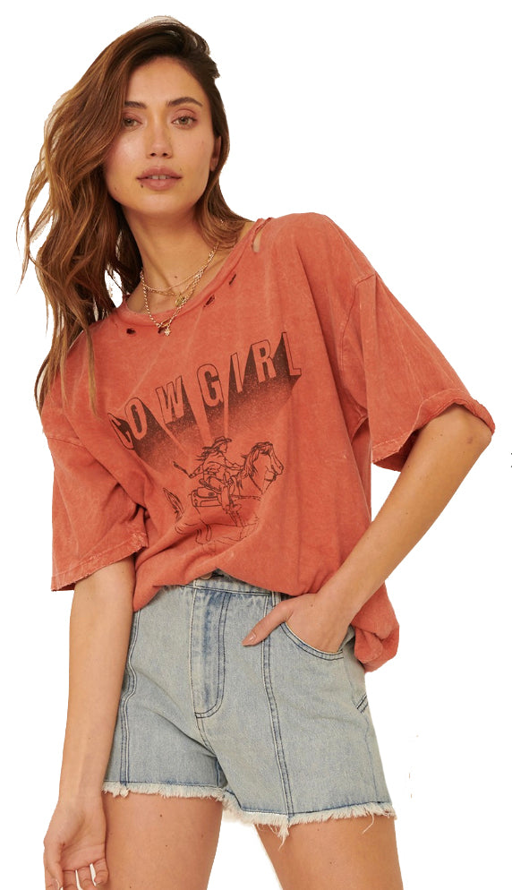 Cowgirl Oversized Graphic Tee- Brick