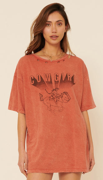 Cowgirl Oversized Graphic Tee- Brick