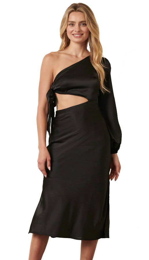 Hollywood Hills Satin Cut Out Midi Dress- Black
