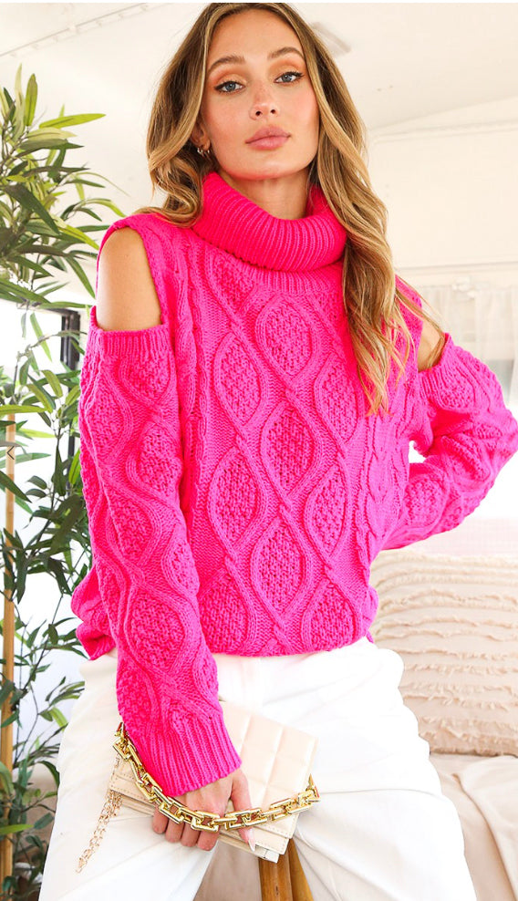 Gift Of Love Turtle Neck Cable Sweater- Fuchsia