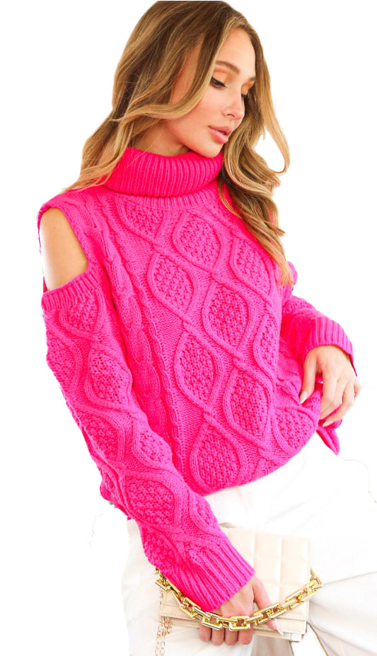 Gift Of Love Turtle Neck Cable Sweater- Fuchsia