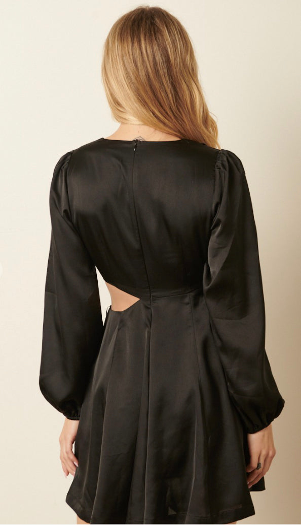 Little Flirt Satin Cutout Dress- Black