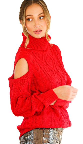 Gift Of Love Turtle Neck Cable Sweater- Red
