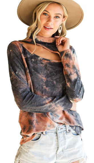 Cut Out Tie Dye Distressed Top- Rust/Charcoal