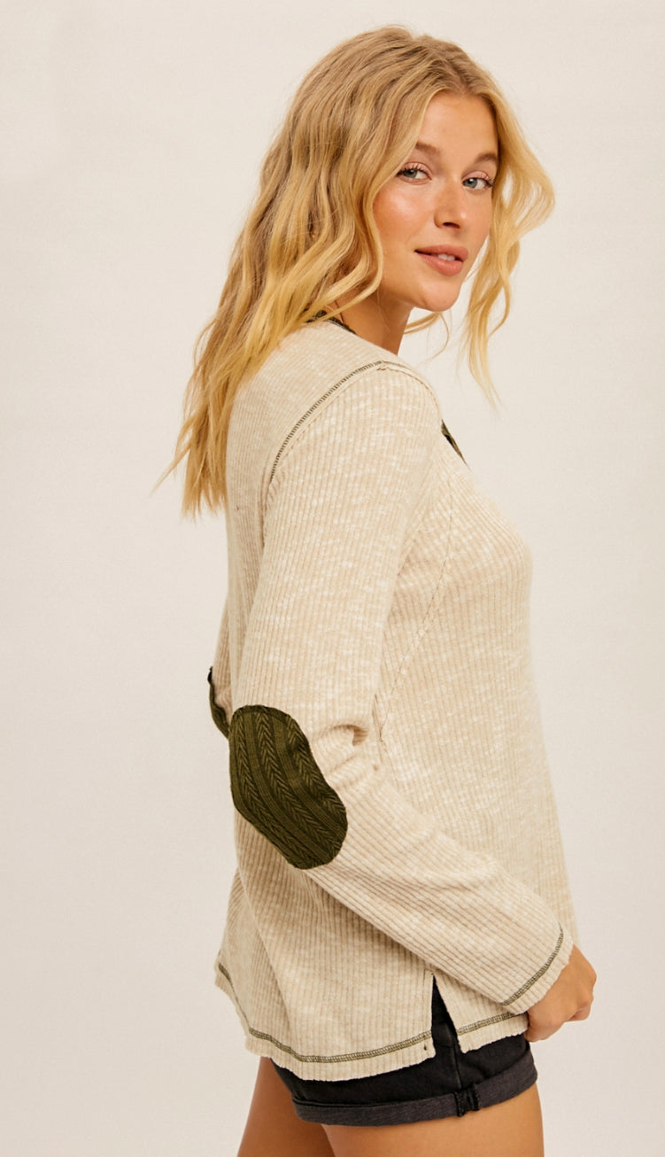 Elbow Patch Brushed Rib Top- Heather Rose