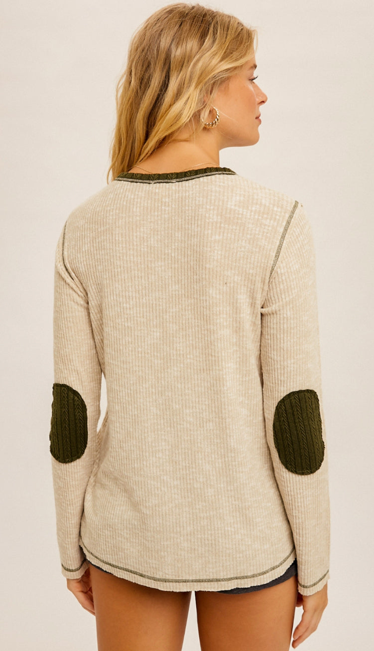 Elbow Patch Brushed Rib Top- Olive