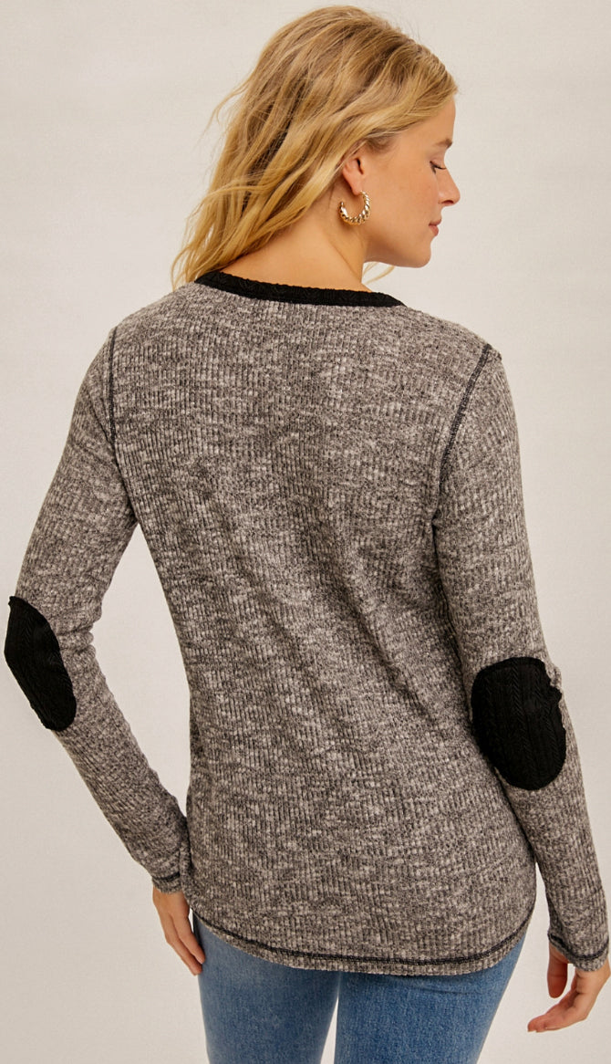 Elbow Patch Brushed Rib Top- Charcoal/Black