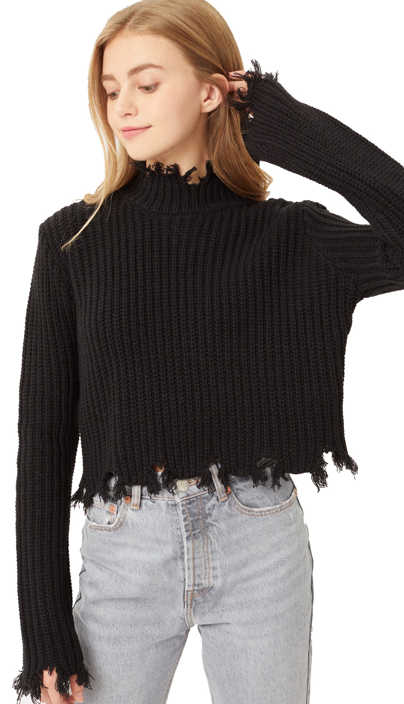 Destroyed Edge Crop Sweater- Black