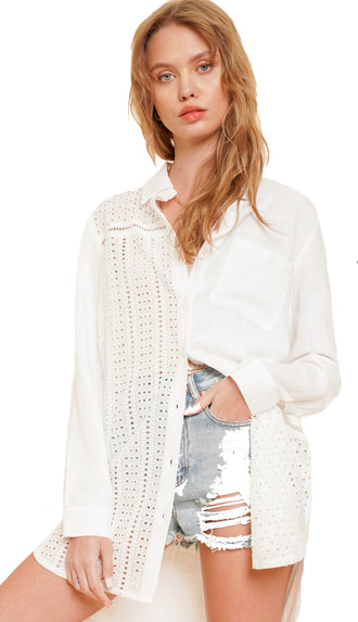 For This And That Eyelet Longline Texture Shirt- White