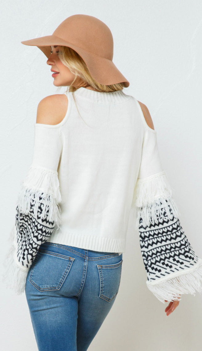 Aztec Fringe Cold Shoulder Sweater- White
