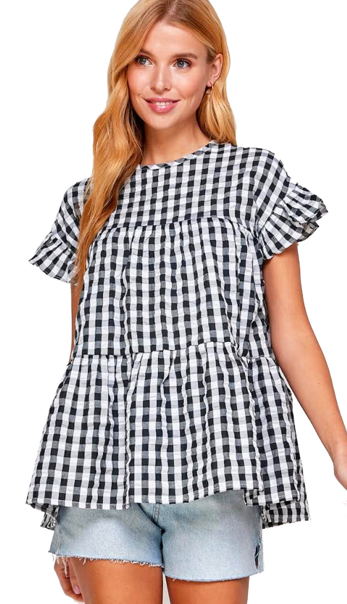 Going For The Gingham Babydoll Top- Black