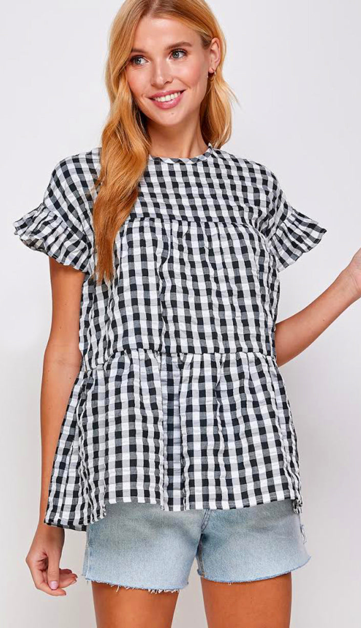 Going For The Gingham Babydoll Top- Black