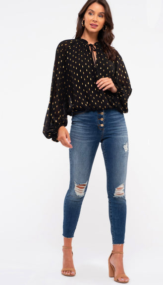 All Dressed Up Gold Detail Balloon Sleeve Blouse- Black