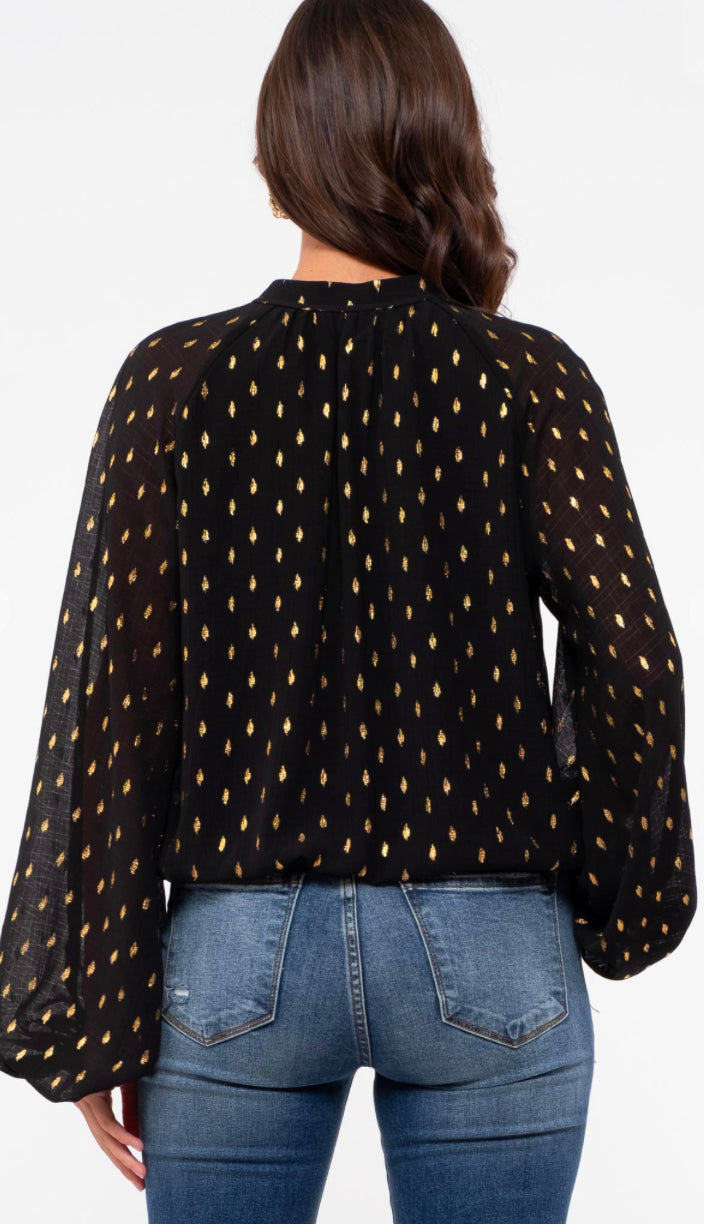 All Dressed Up Gold Detail Balloon Sleeve Blouse- Black