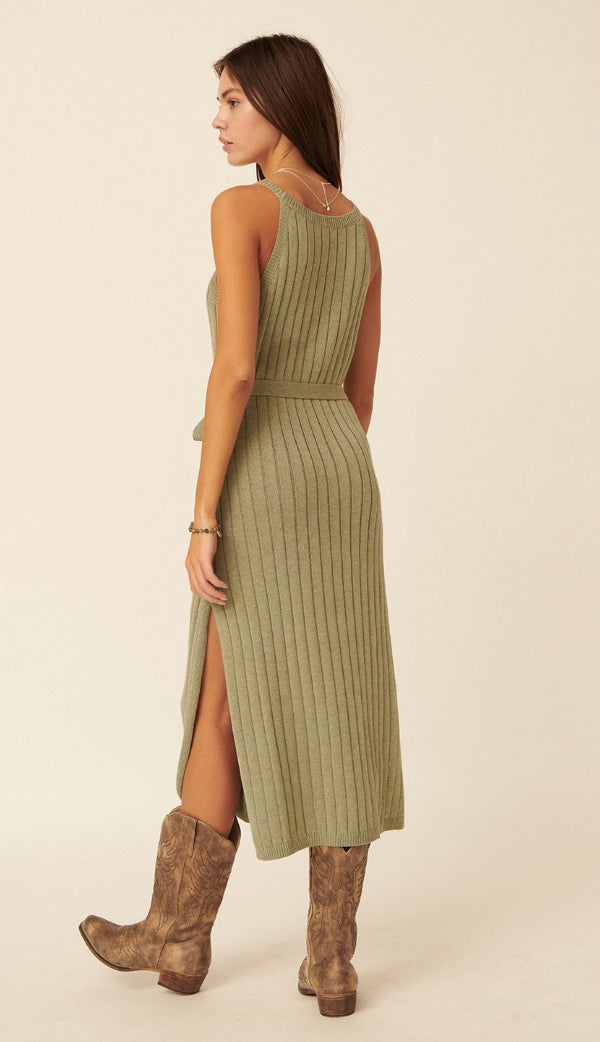 When In Doubt Ribbed Midi Dress- Ash Green