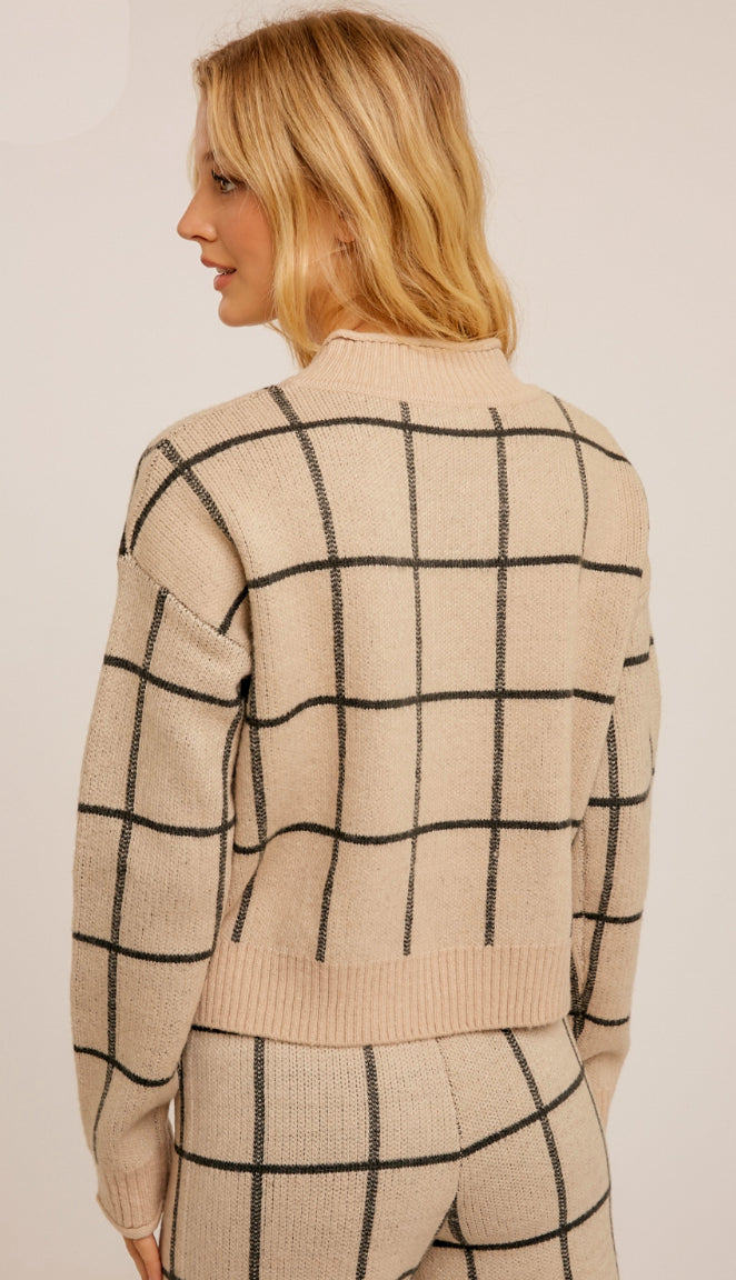 Effortlessly Cozy Grid Pattern Crop Sweater Pants- Beige