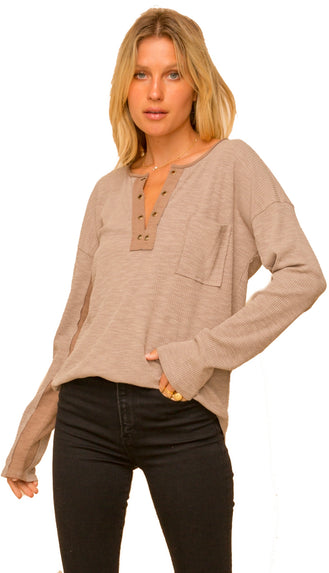 Grommet Pocket Color Block Ribbed Top- Taupe