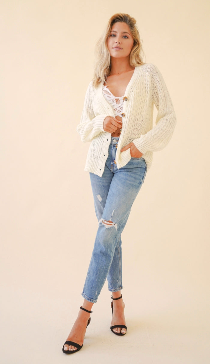 Layla Button Bubble Sleeve Cardigan- Off White