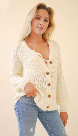 Layla Button Bubble Sleeve Cardigan- Off White