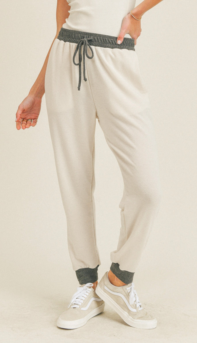 Lounging Today Color Block Joggers- Oatmeal/Charcoal