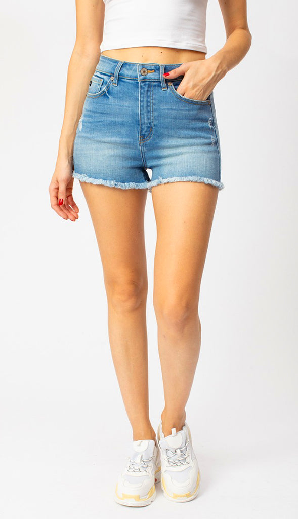 KanCan High Rise Hem Detail Denim Shorts- Medium Wash