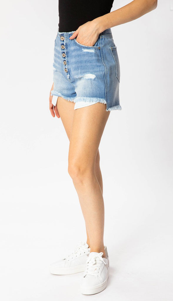 KanCan High Rise Hem Detail Denim Shorts- Medium Wash