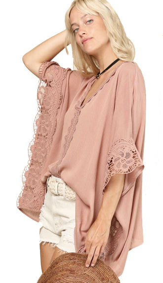 Edi Kimono Sleeve Lace Trim Top- Latte