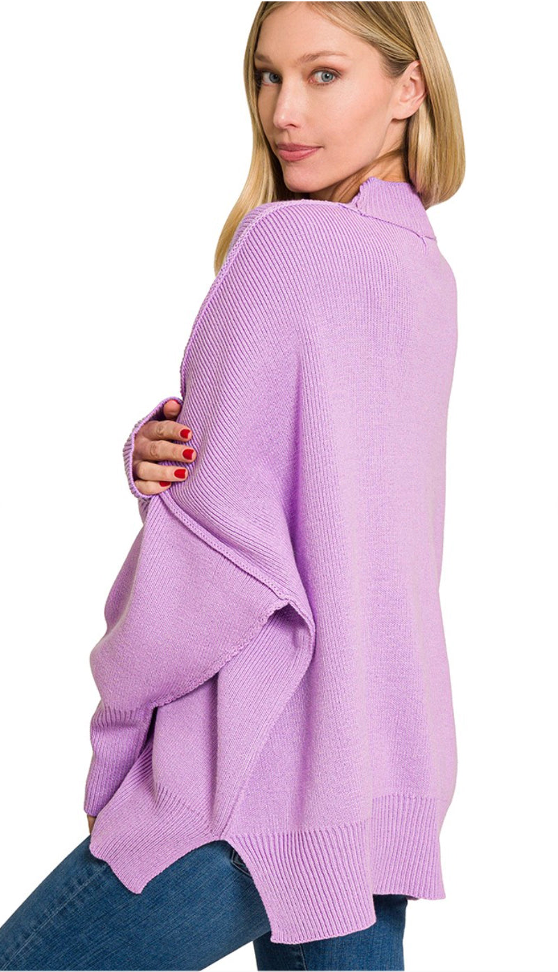 Slit Side Wind Oversized Lavender Down Sweater-