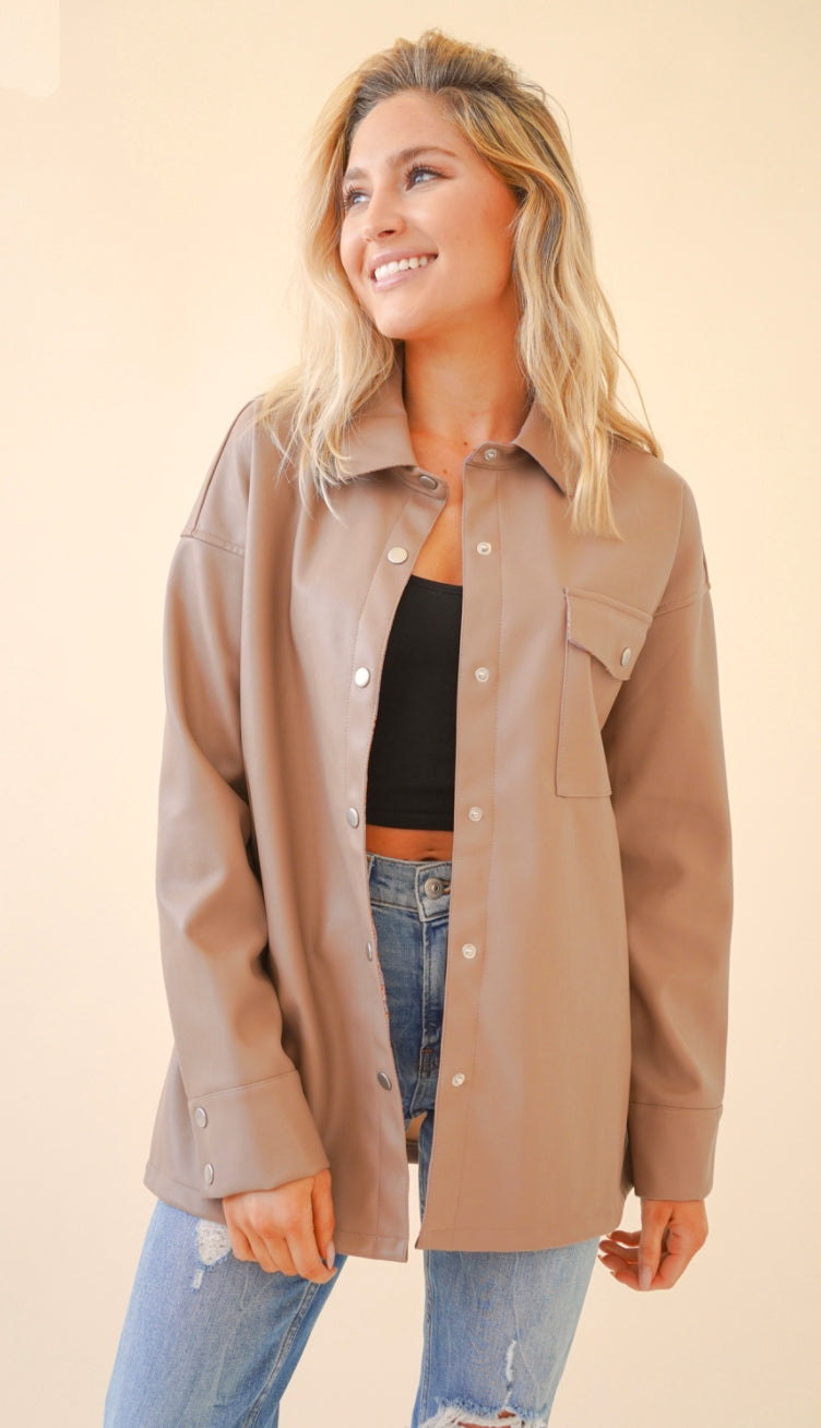 Edgy Chic Leather Button Down Jacket- Beige