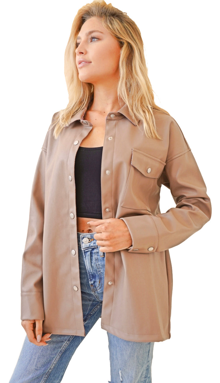 Edgy Chic Leather Button Down Jacket- Beige