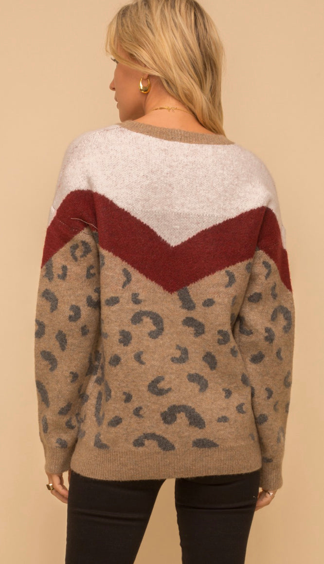 Don't Miss Out Chevron Leopard Sweater- Brown
