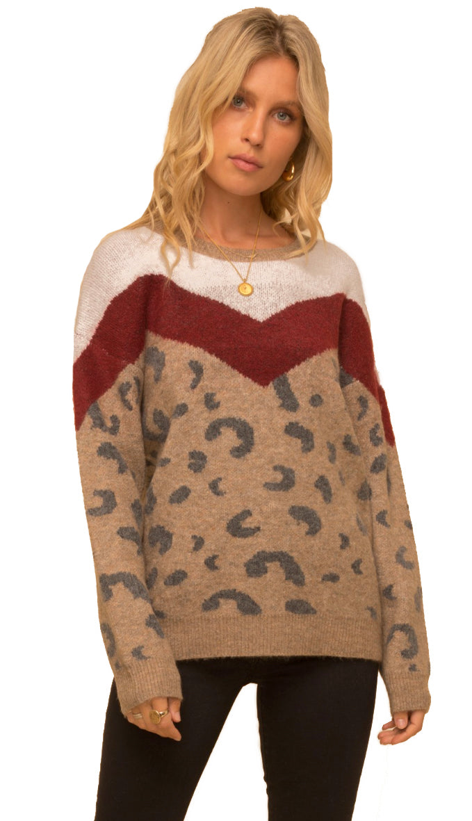 Don't Miss Out Chevron Leopard Sweater- Brown