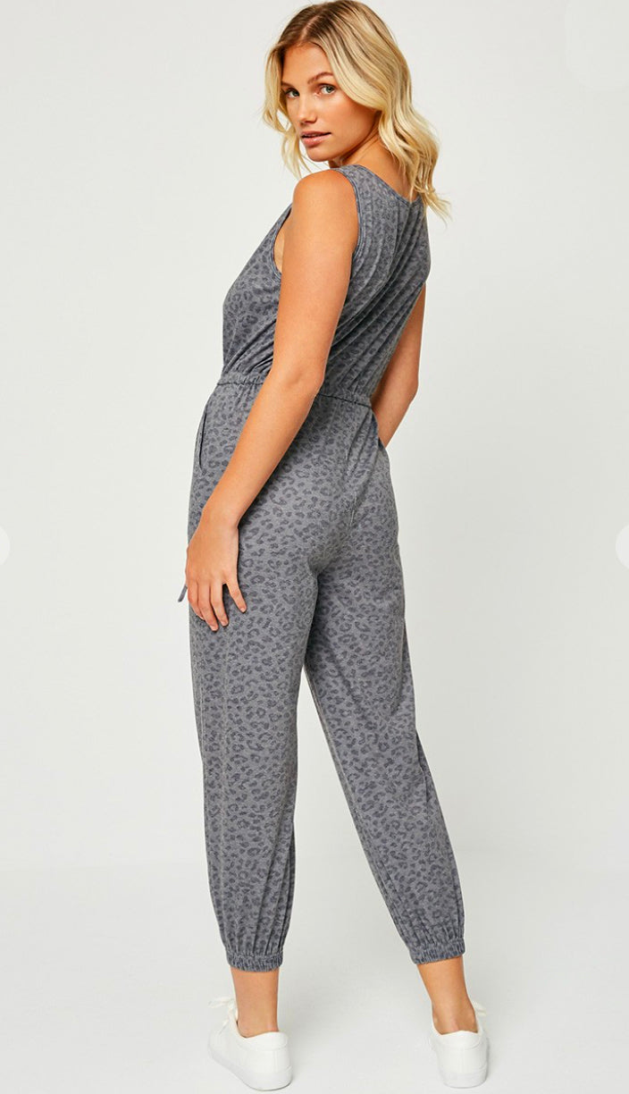 Travel With Me Washed Leopard Jumpsuit- Charcoal/Green